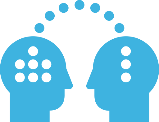 Two silhouette heads face each other with dots arching from one head to the other